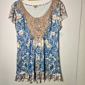 MeWorld Blue Floral Embellished BOHO Tunic Top L Flowy Stretch Ruffle Sleeves